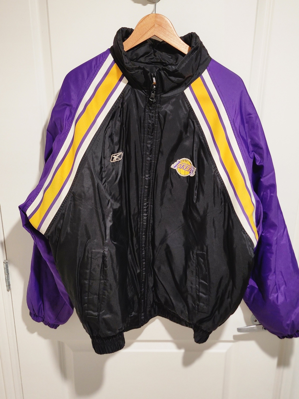 Reebok Black and Purple Los Angeles Lakers Bomber Jacket with Yellow Stripes